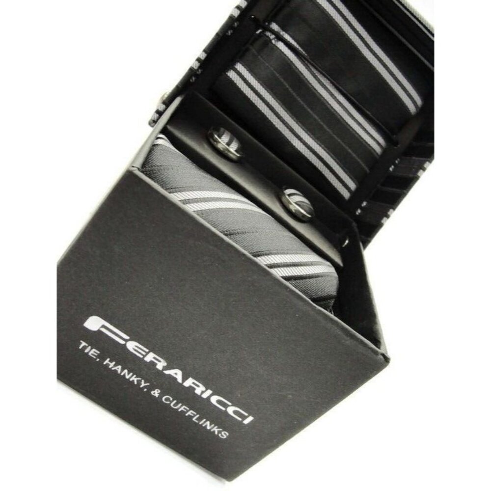 Feraricci Tie, Hanky & Cufflinks Matching Set Silver Tone Wedding Formal Tux IOB